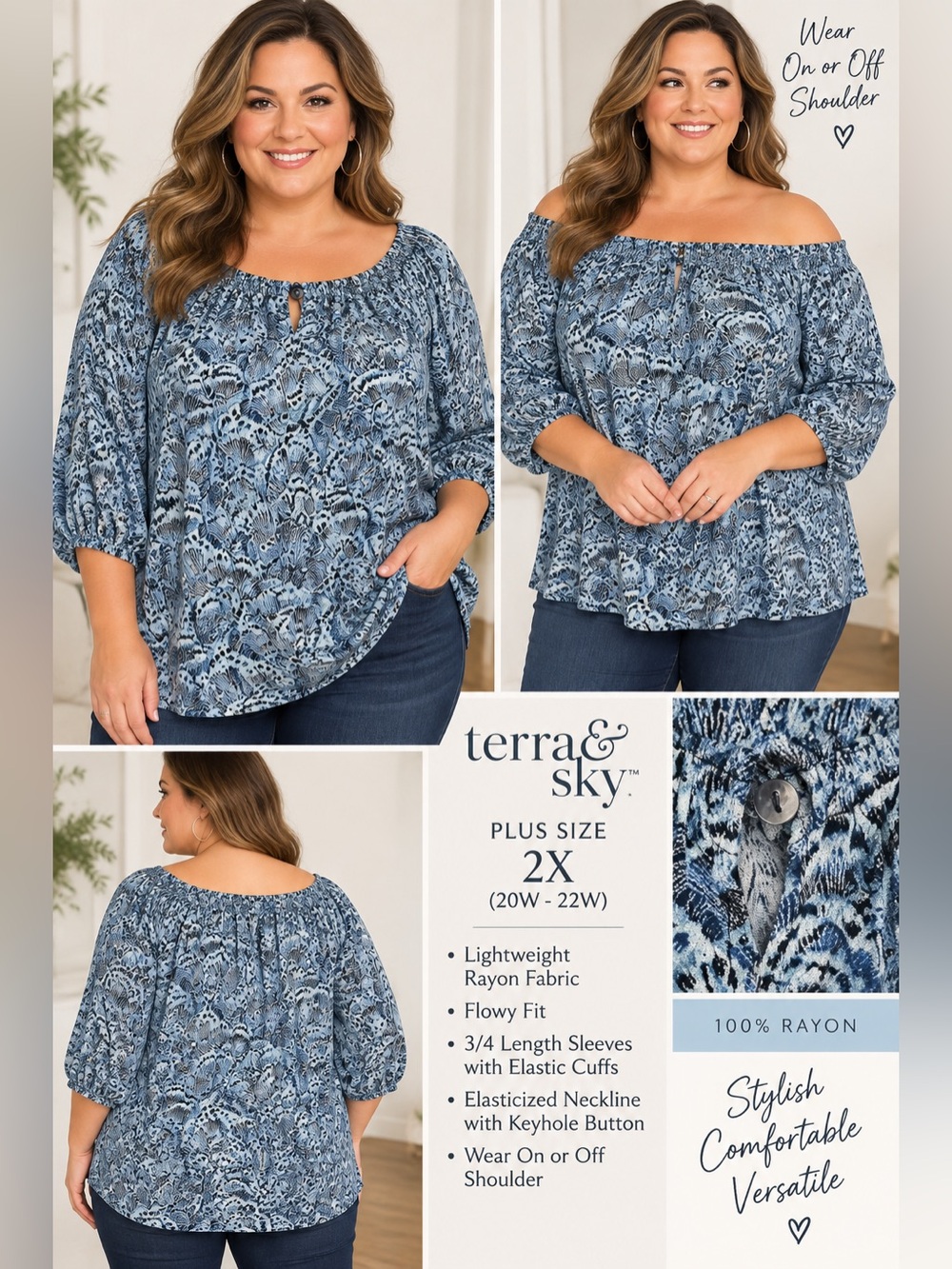 Terra & Sky Women's Plus Blouse  Blue Printed On Or Off Shoulder Top Size 2X